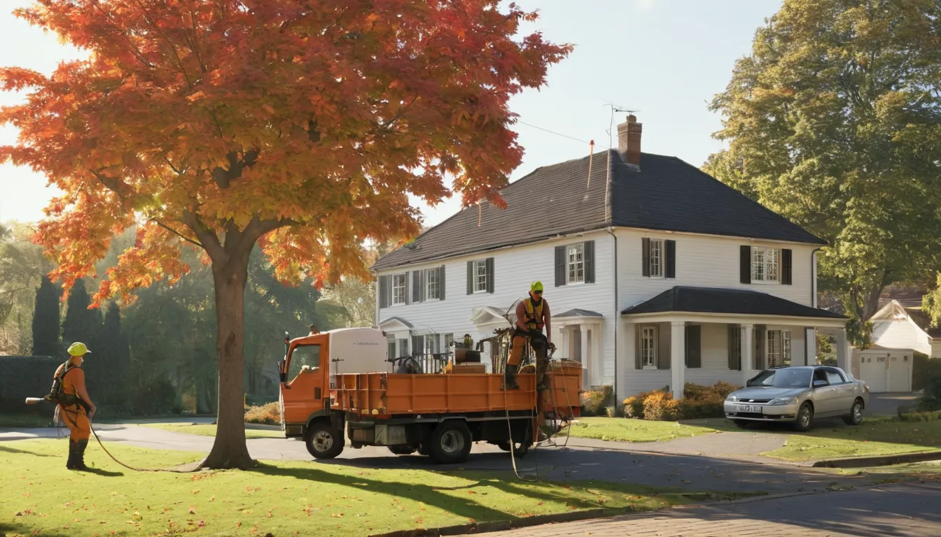 A local tree provider guiding a section of trunk down beside a colonial home in Baltimore