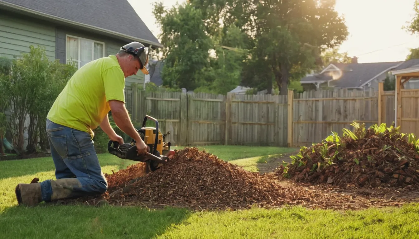 A stump grinder at work in a residential yard in Baltimore